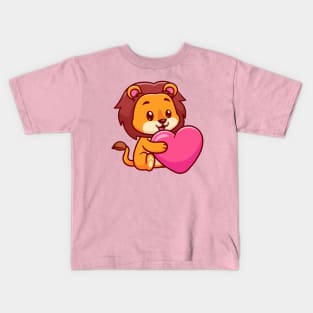 Cute Lion Hug Love Heart Cartoon Kids T-Shirt